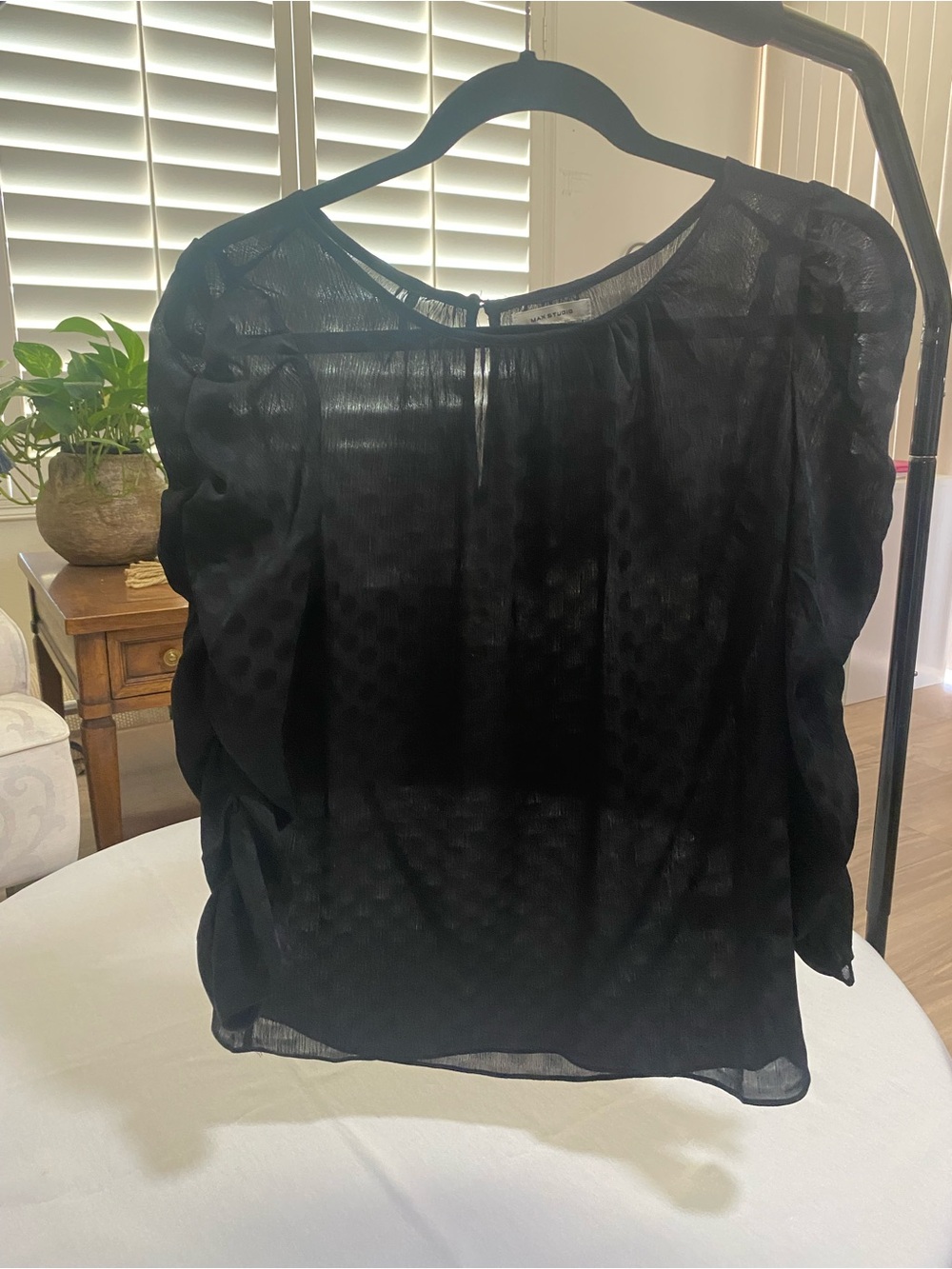 Max Studio Black Sheer Dot-Texture with Ruched-Sleeve Blouse